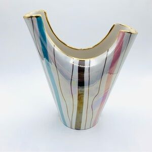 Vintage MCM Italian Iridescent Striped Vase with Gold Trim – 8.5”